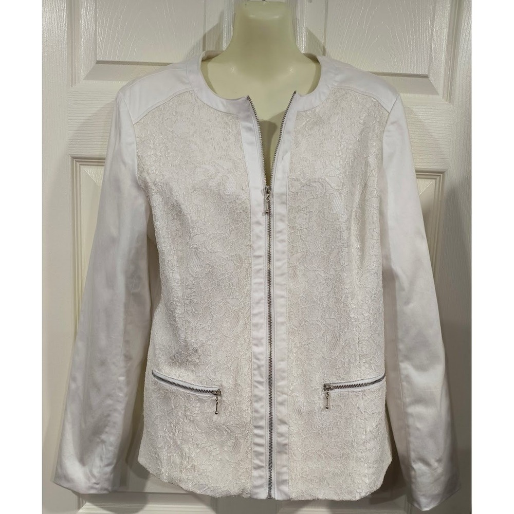 Laura Ashley Womens White Lace Front Zip Jacket Silver Zippers Pockets Medium